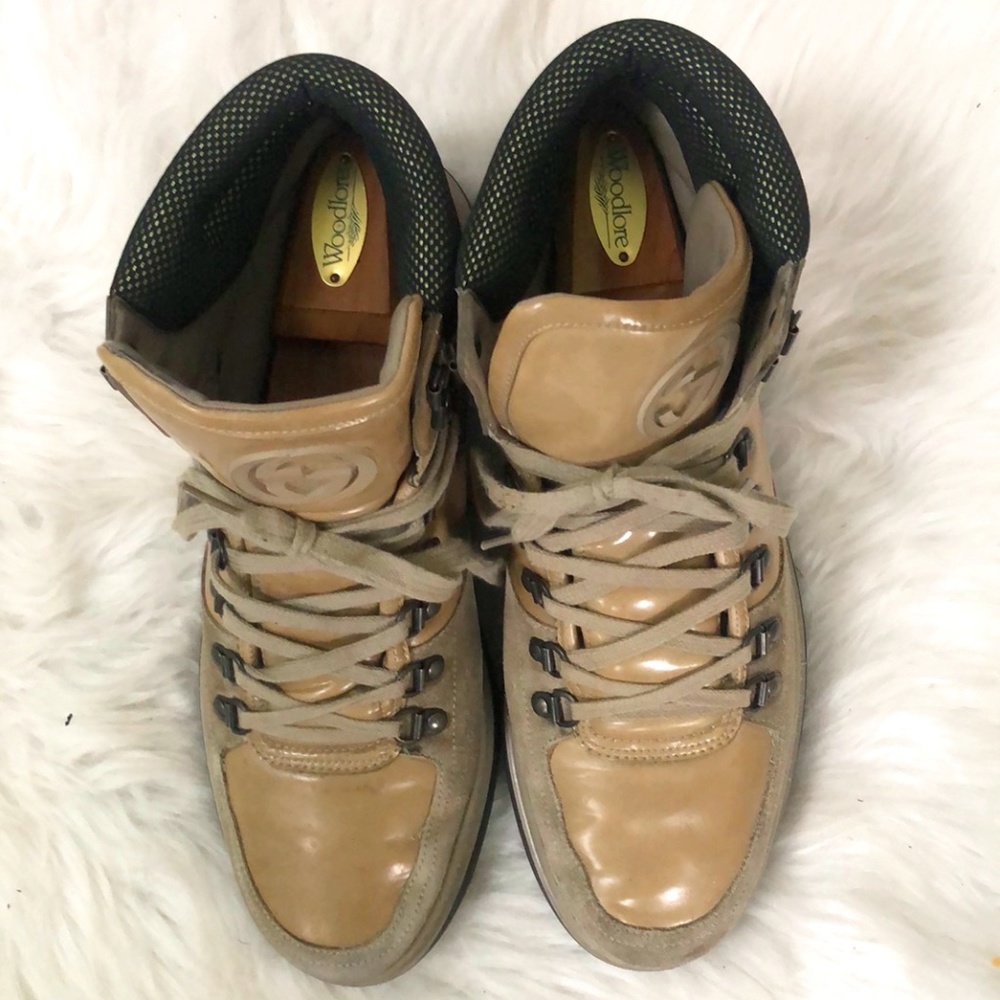 Gucci Authentic Mens Beige Leather Round Toe High Top Lace Up Sneaker Shoes Sz 9 - Picture 3 of 11